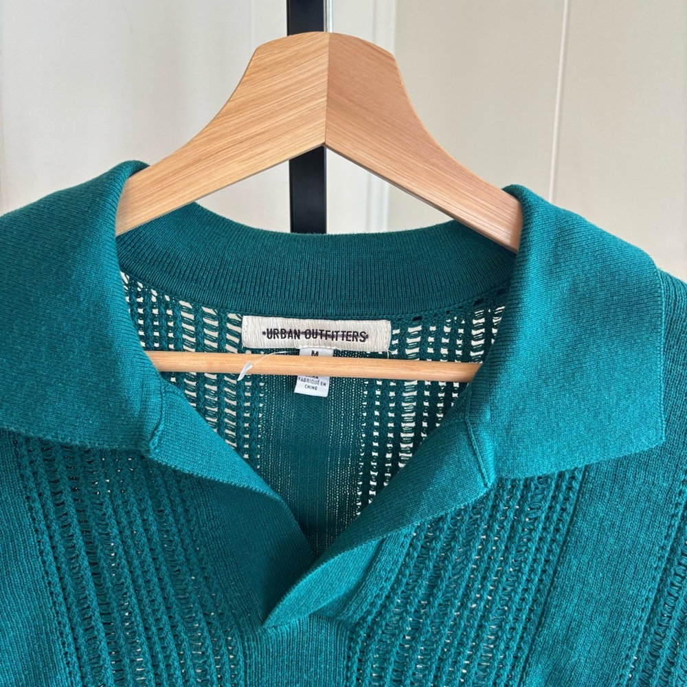 Urban Outfitters Men’s Slim Medium Green Cotton Blend Open Knit S/S Polo Shirt